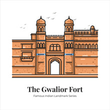 The Gwalior Fort Indian Famous Iconic Landmark Cartoon Line Art Illustration