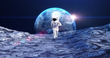 Wall Mural - brave astronaut running on a planet surface in slow motion. space and technology related 3d animatio