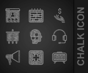 Poster - Set Head puzzles strategy, Target, Digital alarm clock, Headphones, Megaphone, with dollar, Hand holding coin money and Customer product rating icon. Vector
