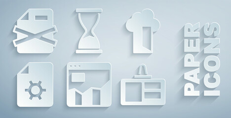 Poster - Set Graph chart infographic, Cloud database, Document settings, Identification badge, Old hourglass and Delete file document icon. Vector