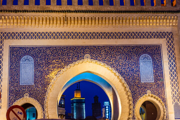 The Blue gate of Fez by night, Morocco