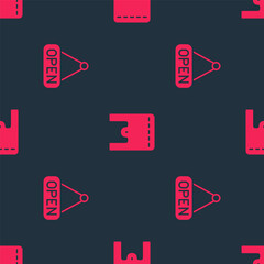 Poster - Set Hanging sign with Open and Paper shopping bag on seamless pattern. Vector