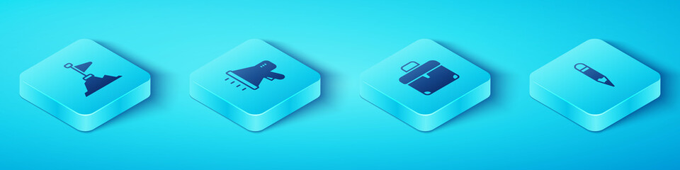 Poster - Set Isometric Mountains with flag on top, Megaphone, Pencil and Briefcase icon. Vector