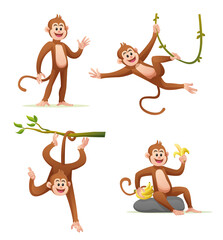 Cute monkey in various poses cartoon illustration