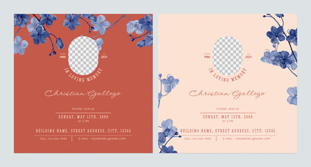 Wall Mural - Floral memorial and funeral invitation card template design, red and bright orange decorate with blue golden shower flowers