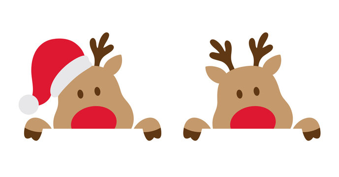 Fototapete - Cute baby Christmas reindeer with Santa hat peeking out vector illustration.