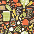 Home canning doodle seamless pattern. Food, kitchen equipment, jars, fruits and vegetables. Perfect for fabric, wallpaper or wrapping paper.