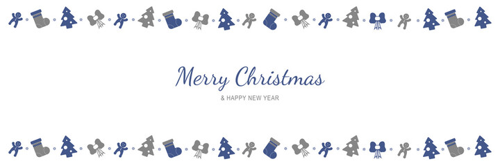 Poster - Merry Christmas and New Year 2022 poster. Xmas minimal banner with holiday symbols borders and text on white background. Horizontal header of website. Vector illustration for greeting card design