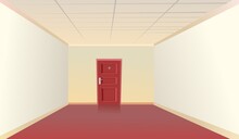 Hallway House. Empty Hallway In The Building. One Door At The End Of The Room. Light Interior. Illustration Cartoon Style Flat Design. Vector