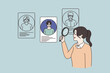 Woman with magnifier glass look at choose among job candidates after interview. Female recruiter hiring staff applicants at vacant position. Employment, recruitment concept. Vector illustration. 