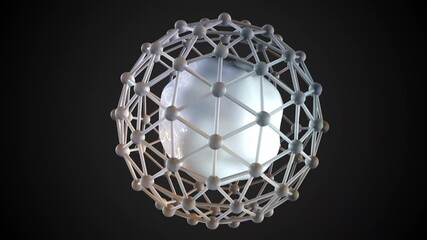 Poster - Molecular 3d render of structure of nucleus. Network of both protons and neutrons circling around circular microscopic sphere. Synthesis of nuclear reactions and decay processes.