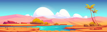Desert Landscape With Sand Dunes And Oasis With Lake Or Pond And Palm Trees. Vector Cartoon Illustration Of Hot Tropical Desert With River, Dry Cracked Ground And Green Bushes On Shore