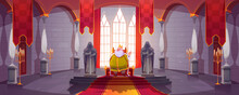King In Gold Crown Sitting On Throne In Medieval Castle. Vector Cartoon Fairytale Illustration Of Royal Person In Luxury Costume And Kingdom Palace Interior With Statues Of Knights And Red Flags