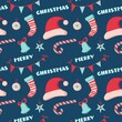 Christmas seamless pattern with hat, bell, socks,ball, lettering isolated on white background. Vector flat illustration. Design for backdrop, wrapping, wallpaper, textile, packaging