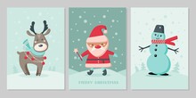 Set Of Christmas Cards With Cute Animals. Characters Reindeer, Snowman, Santa Claus With Snowflakes. Vector Flat Illustration.  Design For Greeting Card, Flyer, Banner, Social Media