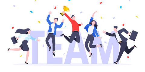 Wall Mural - Happy business employee team winners award ceremony flat style design vector illustration. Employee recognition and best worker competition award team celebrating victory winner business concept.