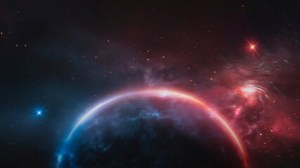  Abstract fantastic space of the universe. Space background with nebula and stars. Dark space background with an unknown planet, flashes of light in space. 3d illustration
