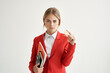 © SHOTPRIME STUDIO - Businesswoman Red jacket virtual money economy isolated background