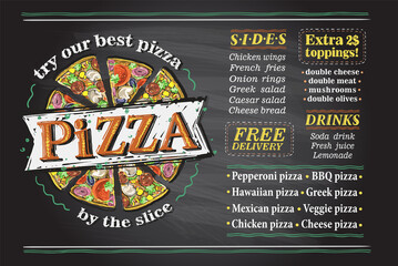 Sticker - Pizza menu list chalkboard vector mockup with place for text and pizza slices