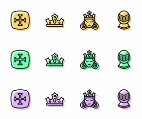 Sticker - Set line Princess or queen, Crusade, King crown and Medieval helmet icon. Vector