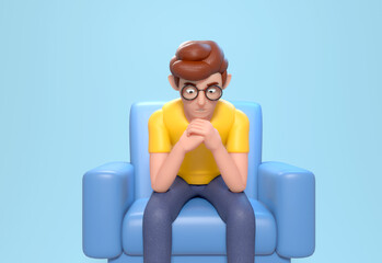 3d render of man sitting in armchair and thinking, contemplation, making decision