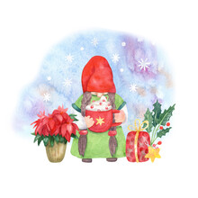 Cute Girl Gnome Decorating With Red Cup Of Cappuccino And Christmas Presents. Hand Painted Watercolor Illustration. Great For Greeting Cards.  Xmas Design.