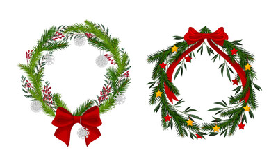 Wall Mural - Set of Christmas wreaths with red bow, berries and baubles vector illustration