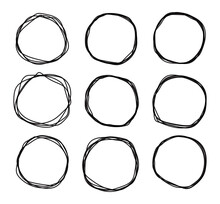 Black Doodle Sketched Circles Collection. Grunge Round Shape Set. Hand Drawn Scribble Rings. Isolated Design Elements. Jpeg