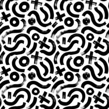 Geometric Vector Seamless Pattern In Memphis Style With Crosses, Circles And Wavy Lines. Grunge Brush Strokes, Bold Shapes. Hand Drawn Ink Illustration. Hipster Black Paint Geometric Background. 