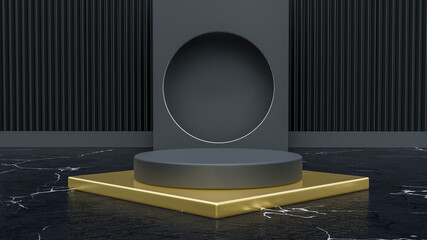 Poster - Background vector 3d black and gold rendering with podium. Empty dark and light platform pedestal. Vector illustration