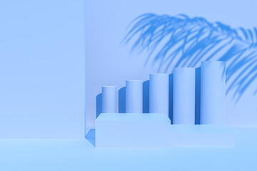 Poster - Blue background for product presentation with shadows and light. Empty podiums. Mockup.