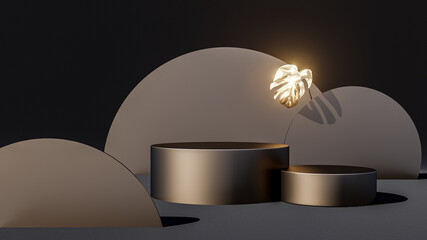 Poster - Gold podium on dark background Empty pedestal for award ceremony. Platform illuminated by spotlights. Vector illustration.