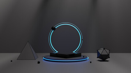 Poster - Empty podium with line gradient neon ring on background. 3d render. illustration with abstract scene with pink and blue neon frame