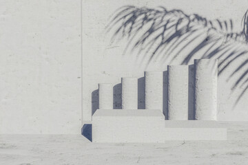 Poster - grey background for product presentation with shadows and light. Empty podiums. Mockup.
