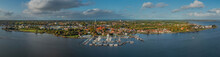Panorama Aerial View Of Town Schleswig On Firth Of Schlei, Schleswig-Holsten, Germany. 