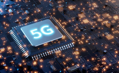 Poster - 5G microchip technology background, futuristic Global 5G Mobile Networks Internet Concept