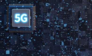 Fototapete - 3D Rendering of 5G text and virtual futuristic technology city. Concept for Fast data transfer and transmission bandwidth rate. For telecom, mobile operator.