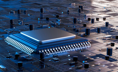 Poster - Close-up view of a modern GPU card with circuit and colorful lights and details 3D rendering.