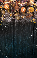 Sticker - Christmas decoration on wooden background, lots of copy space for product or text.