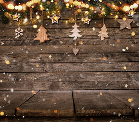 Wall Mural - Christmas decoration on wooden background, lots of copy space for product or text.