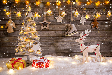 Wall Mural - christmas decoration on wooden background, lots of copy space for product or text.