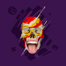 Contemporary Art Collage. Ideas, Inspiration, Magic. Composition With Colorful Scull With Open Female Mouth. Concept Of Halloween