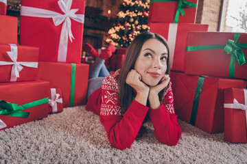 Sticker - Photo of beautiful dreamy young woman dressed red sweater thinking making wishes smiling indoors room home house