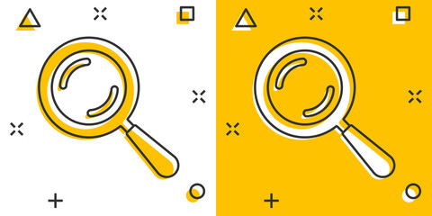 Fototapete - Loupe sign icon in comic style. Magnifier cartoon vector illustration on white isolated background. Search splash effect business concept.
