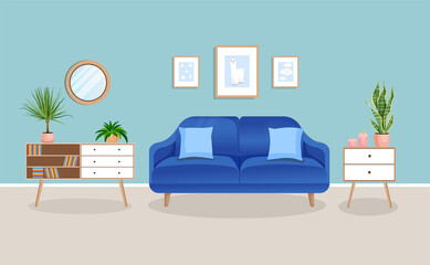 Modern living room interior with furniture and home plants. Design of a cozy room with a sofa, plants and decor items. Vector flat style illustration. lounge room.