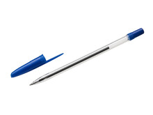 A Simple Blue Ballpoint Pen With An Open Cap In A Transparent Case, Isolated On A White Background. Stationery For School And Office. Banner, Advertising. A Place To Copy.
