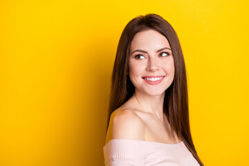 Canvas Print - Photo of optimistic brunette lady look empty space wear pink shirt isolated on yellow color background