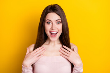 Sticker - Photo of optimistic brunette lady hands wear pink shirt isolated on yellow color background