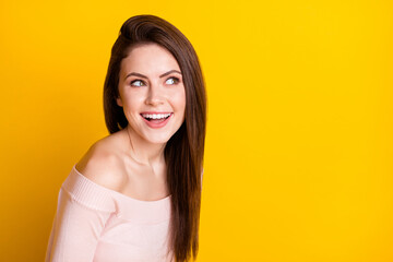 Sticker - Photo of pretty shiny young lady wear beige pullover smiling looking empty space isolated yellow color background