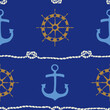 © Randmaart - Seamless vector pattern with anchor and ship wheel on blue background. Simple nautical wallpaper design. Decorative marine life style fashion textile.